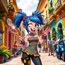 An animated depiction of Jinx from Arcane, set in a vibrant Cuban cityscape