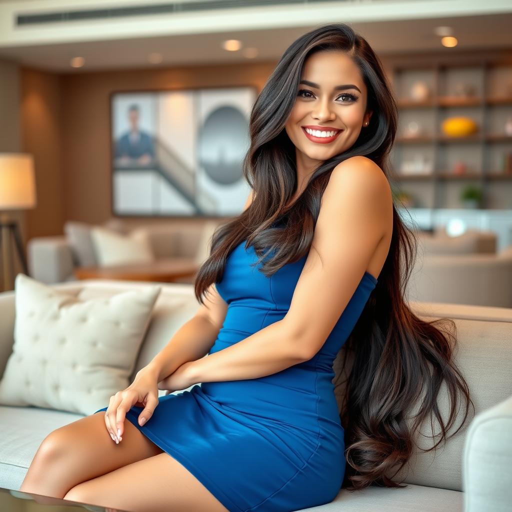 A beautiful Filipina businesswoman, 26 years old, with voluptuous curves and a playful, flirtatious smile, lounging gracefully in a stylish setting