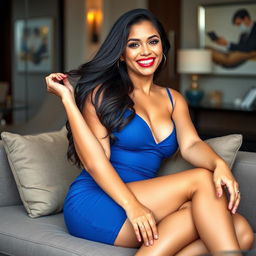 A beautiful Filipina businesswoman, 26 years old, with voluptuous curves and a playful, flirtatious smile, lounging gracefully in a stylish setting