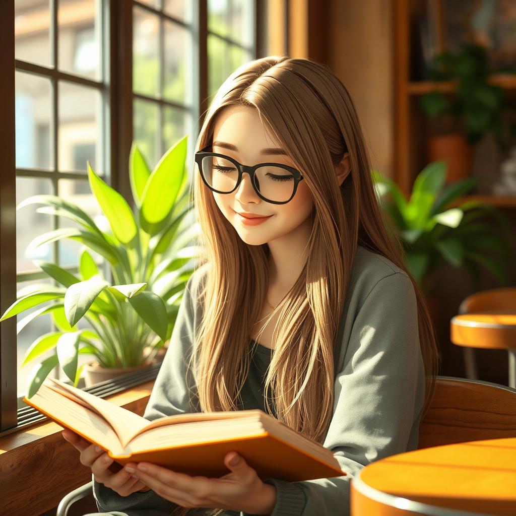 A glass-wearing girl with lighter skin, sitting in a cozy café surrounded by soft, warm lighting