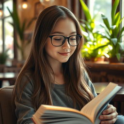 A glass-wearing girl with lighter skin, sitting in a cozy café surrounded by soft, warm lighting