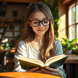 A glass-wearing girl with lighter skin, sitting in a cozy café surrounded by soft, warm lighting