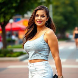 A typical American woman with a beautiful figure, showcasing a curvy silhouette and a generous bust