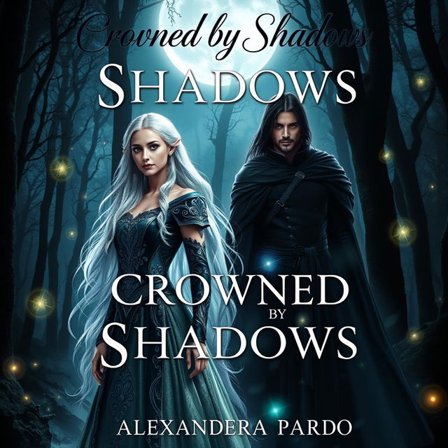 A captivating book cover for 'Crowned by Shadows' by Alexandra Pardo, featuring a mystical and enchanting forest backdrop illuminated by ethereal moonlight