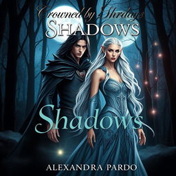 A captivating book cover for 'Crowned by Shadows' by Alexandra Pardo, featuring a mystical and enchanting forest backdrop illuminated by ethereal moonlight