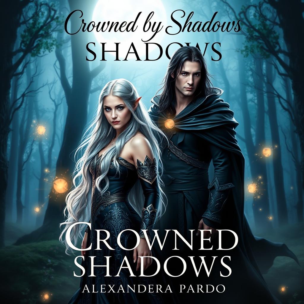 A captivating book cover for 'Crowned by Shadows' by Alexandra Pardo, featuring a mystical and enchanting forest backdrop illuminated by ethereal moonlight