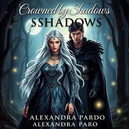 A captivating book cover for 'Crowned by Shadows' by Alexandra Pardo, featuring a mystical and enchanting forest backdrop illuminated by ethereal moonlight