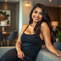 A beautiful Filipina businesswoman, 26 years old, with voluptuous curves and a playful, flirtatious smile, casually lounging in a trendy environment