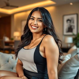 A beautiful Filipina businesswoman, 26 years old, with voluptuous curves and a playful, flirtatious smile, casually lounging in a trendy environment