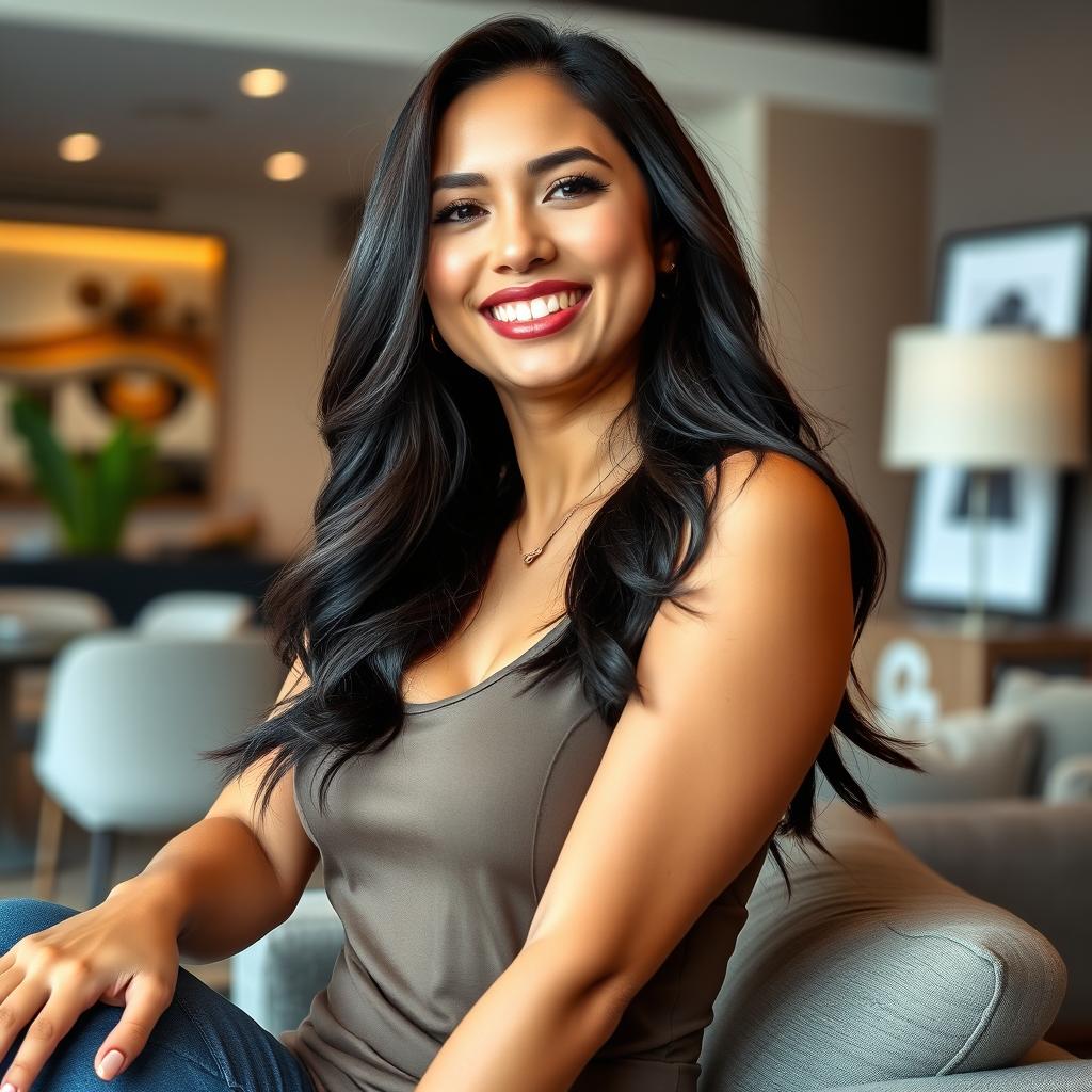 A beautiful Filipina businesswoman, 26 years old, with voluptuous curves and a playful, flirtatious smile, casually lounging in a trendy environment