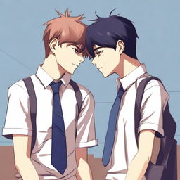 This digital art image captures a tender moment between two high school boys in a relationship