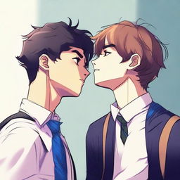 This digital art image captures a tender moment between two high school boys in a relationship