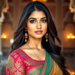 A stunning portrait of Kajal Agarwal, featuring her with long, flowing dark hair and captivating brown eyes