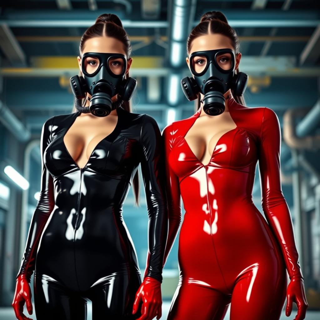 Two slim girls with big breasts, dressed in sleek black and red tight glossy latex suits that beautifully contour their bodies