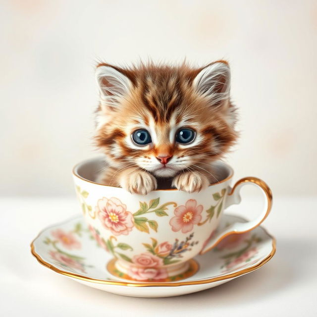 A raw photograph of an adorable, fluffy kitten sitting comfortably inside a delicate teacup