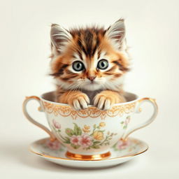 A raw photograph of an adorable, fluffy kitten sitting comfortably inside a delicate teacup