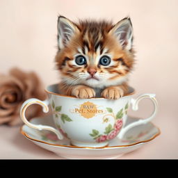 A raw photograph of an adorable, fluffy kitten sitting comfortably inside a delicate teacup