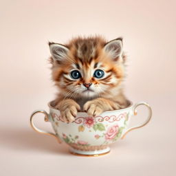 A raw photograph of an adorable, fluffy kitten sitting comfortably inside a delicate teacup