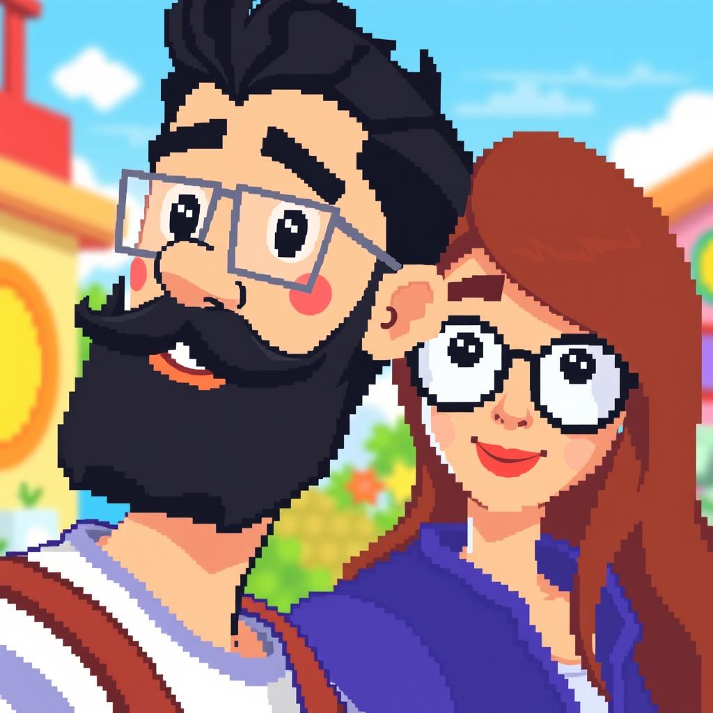 A male character with a short beard and mustache, short black hair, and rectangular glasses, alongside a female character with long brown hair and round glasses, both designed in a vibrant pixel art style