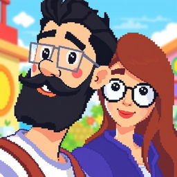 A male character with a short beard and mustache, short black hair, and rectangular glasses, alongside a female character with long brown hair and round glasses, both designed in a vibrant pixel art style