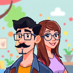 A male character with a short beard and mustache, short black hair, and rectangular glasses, alongside a female character with long brown hair and round glasses, both designed in a vibrant pixel art style