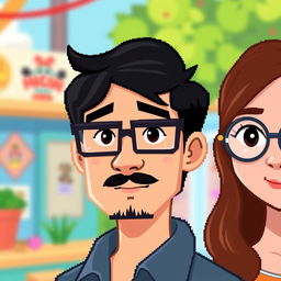 A male character with a short beard and mustache, short black hair, and rectangular glasses, alongside a female character with long brown hair and round glasses, both designed in a vibrant pixel art style