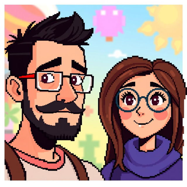 A male character with a short beard and mustache, short black hair, and rectangular glasses, alongside a female character with long brown hair and round glasses, both designed in a vibrant pixel art style