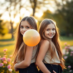 A captivating scene featuring identical twins, each with long flowing hair and bright blue eyes, wearing stylish matching outfits
