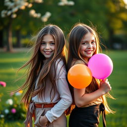 A captivating scene featuring identical twins, each with long flowing hair and bright blue eyes, wearing stylish matching outfits