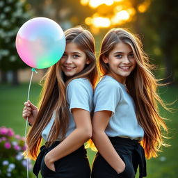 A captivating scene featuring identical twins, each with long flowing hair and bright blue eyes, wearing stylish matching outfits