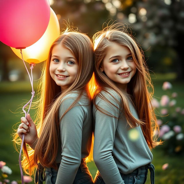 A captivating scene featuring identical twins, each with long flowing hair and bright blue eyes, wearing stylish matching outfits