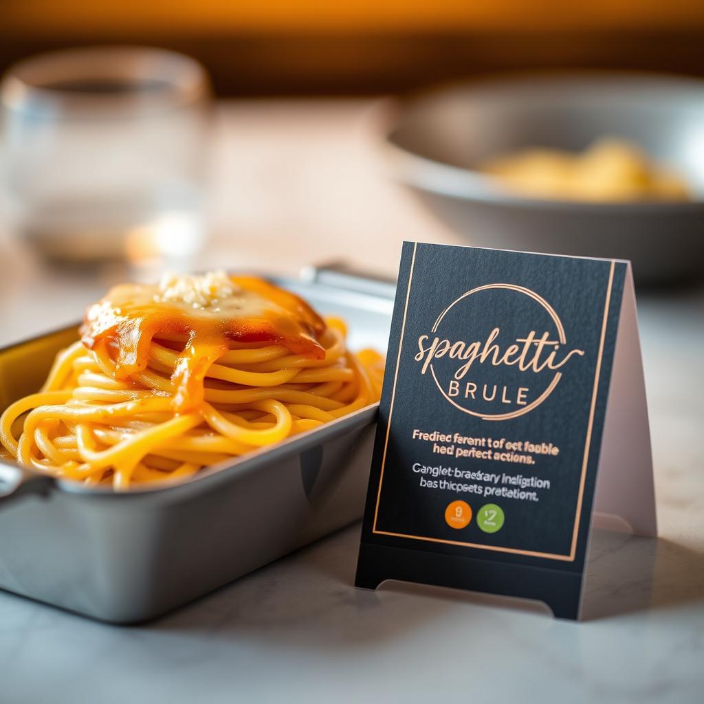 A beautifully arranged shot of a spaghetti brule dish, presented elegantly in a 15x7 cm container