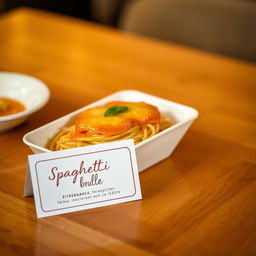 A beautifully arranged shot of a spaghetti brule dish, presented elegantly in a 15x7 cm container