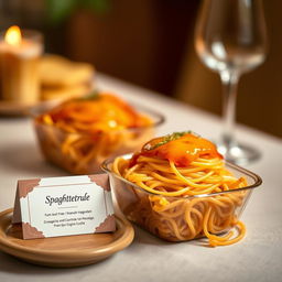 A beautifully arranged shot of a spaghetti brule dish, presented elegantly in a 15x7 cm container
