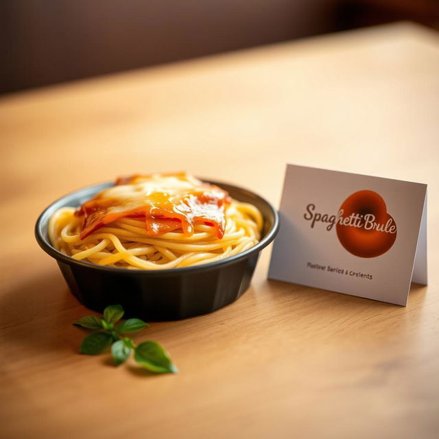 A beautifully arranged shot of a spaghetti brule dish, presented elegantly in a 15x7 cm container