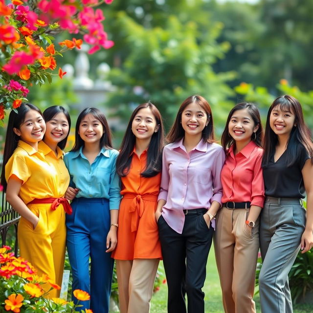 A group of young Asian models dressed in bright, colorful, and polite outfits, radiating happiness and joy