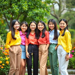 A group of young Asian models dressed in bright, colorful, and polite outfits, radiating happiness and joy