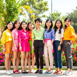 A group of young Asian models dressed in bright, colorful, and polite outfits, radiating happiness and joy