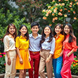 A group of young Asian models dressed in bright, colorful, and polite outfits, radiating happiness and joy