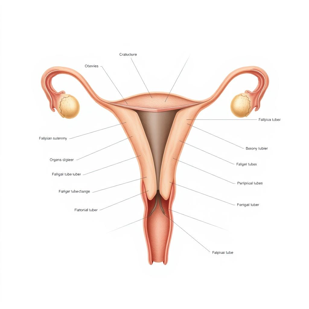 A detailed anatomical illustration of the female reproductive system, accurately depicting all structures and organs