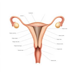 A detailed anatomical illustration of the female reproductive system, accurately depicting all structures and organs