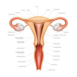 A detailed anatomical illustration of the female reproductive system, accurately depicting all structures and organs