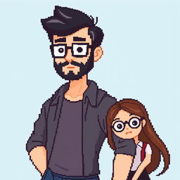 A full-body pixel art representation of a male character with a short beard and mustache, short black hair, and rectangular glasses, standing next to a female character with long brown hair and round glasses