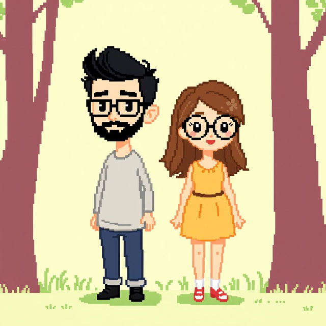 A full-body pixel art representation of a male character with a short beard and mustache, short black hair, and rectangular glasses, standing next to a female character with long brown hair and round glasses