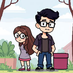 A full-body pixel art representation of a male character with a short beard and mustache, short black hair, and rectangular glasses, standing next to a female character with long brown hair and round glasses