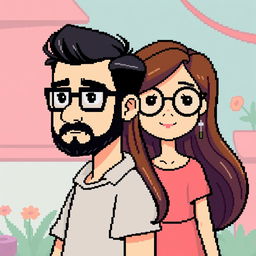 A full-body pixel art representation of a male character with a short beard and mustache, short black hair, and rectangular glasses, standing next to a female character with long brown hair and round glasses