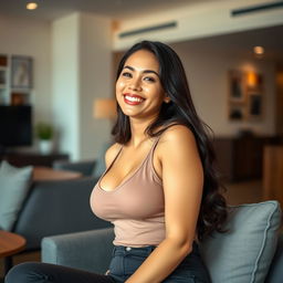 A beautiful Filipina businesswoman, 26 years old, with voluptuous curves and a playful, flirtatious smile, casually lounging in a modern setting