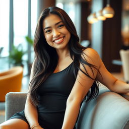 A beautiful Filipina businesswoman, 26 years old, with voluptuous curves and a playful, flirtatious smile, casually lounging in a modern setting