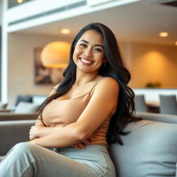 A beautiful Filipina businesswoman, 26 years old, with voluptuous curves and a playful, flirtatious smile, casually lounging in a modern setting