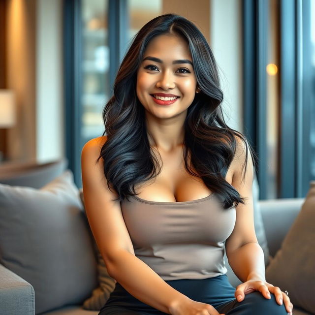 A beautiful Filipina businesswoman, 26 years old, with voluptuous curves and a playful, flirtatious smile, casually lounging in a modern setting